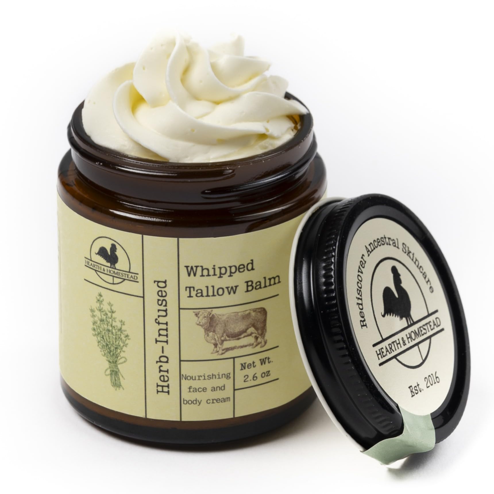 Hearth and Homestead Whipped Tallow Balm – Herb-Infused or Unscented (Large 2.6 oz Jar)