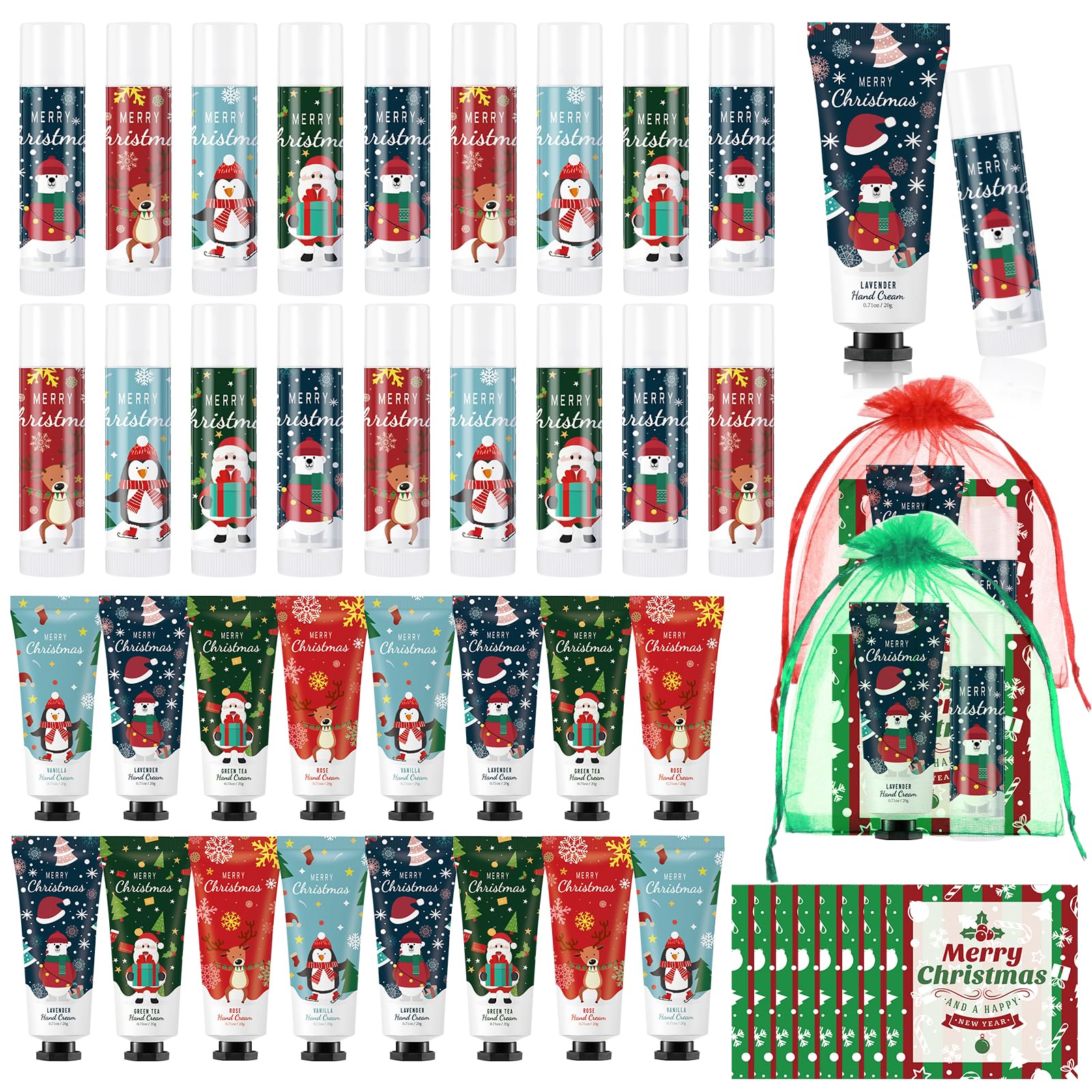 Heigble Christmas Hand Cream Gift Set – 12x Hand Cream, 12x Lip Balm, Gauze Bags & Thank You Cards