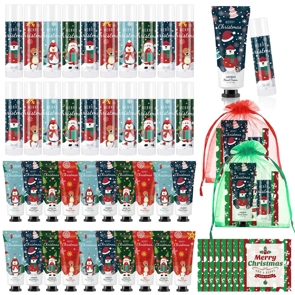 Heigble 24-Set Christmas Hand Cream Gift Set | Moisturizing Lotion, Lip Balm, Gauze Bags & Thank You Cards