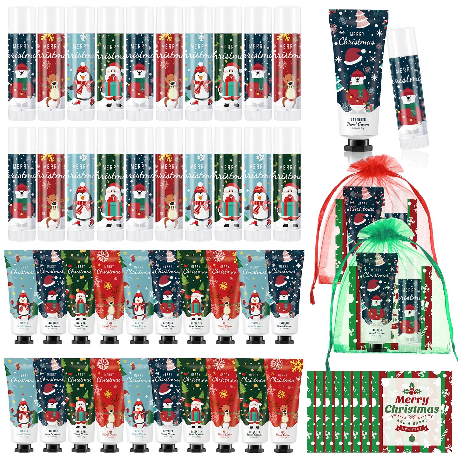 Heigble 24-Set Christmas Hand Cream Gift Set | Moisturizing Lotion, Lip Balm, Gauze Bags & Thank You Cards