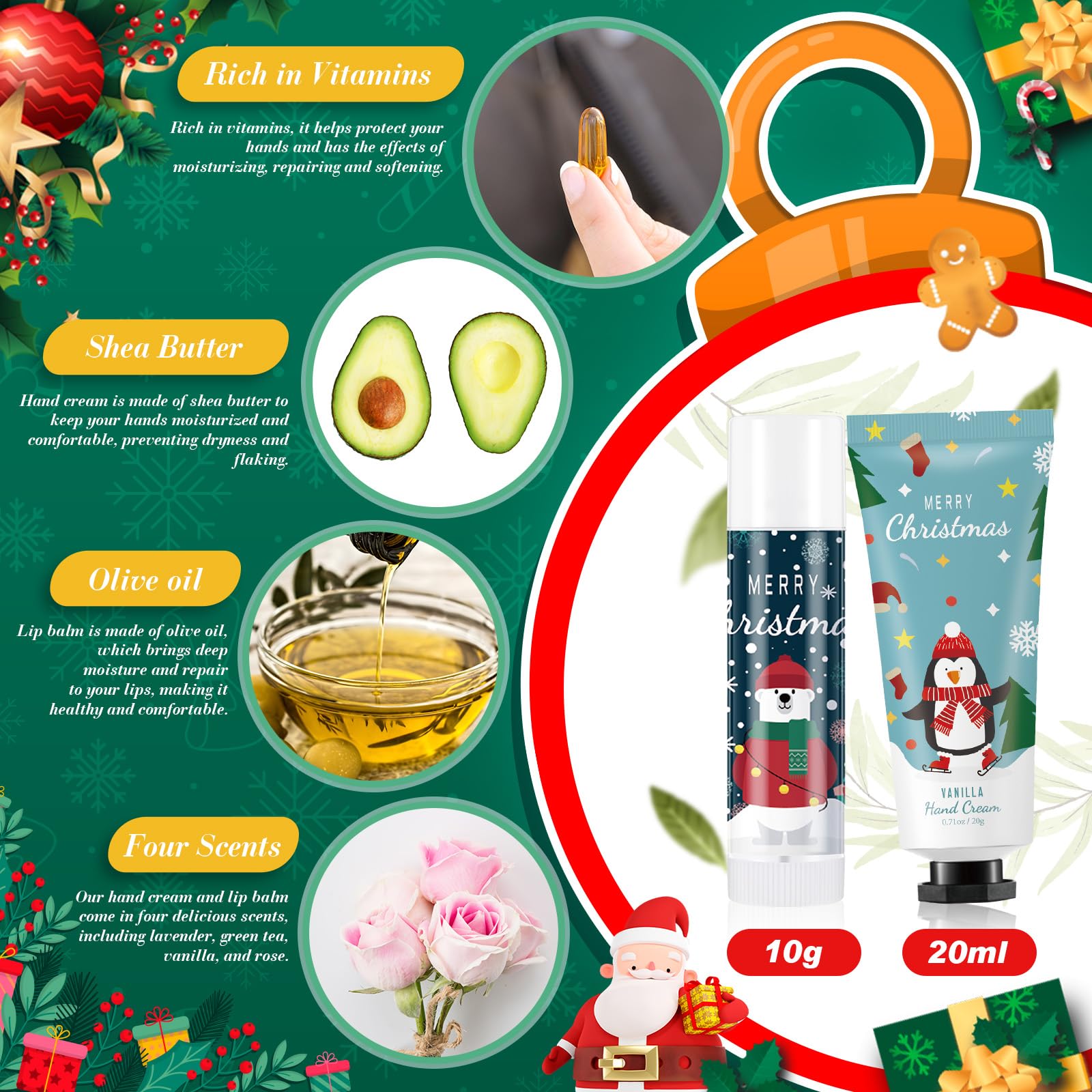 Heigble Christmas Hand Cream Gift Set – 12x Hand Cream, 12x Lip Balm, Gauze Bags & Thank You Cards
