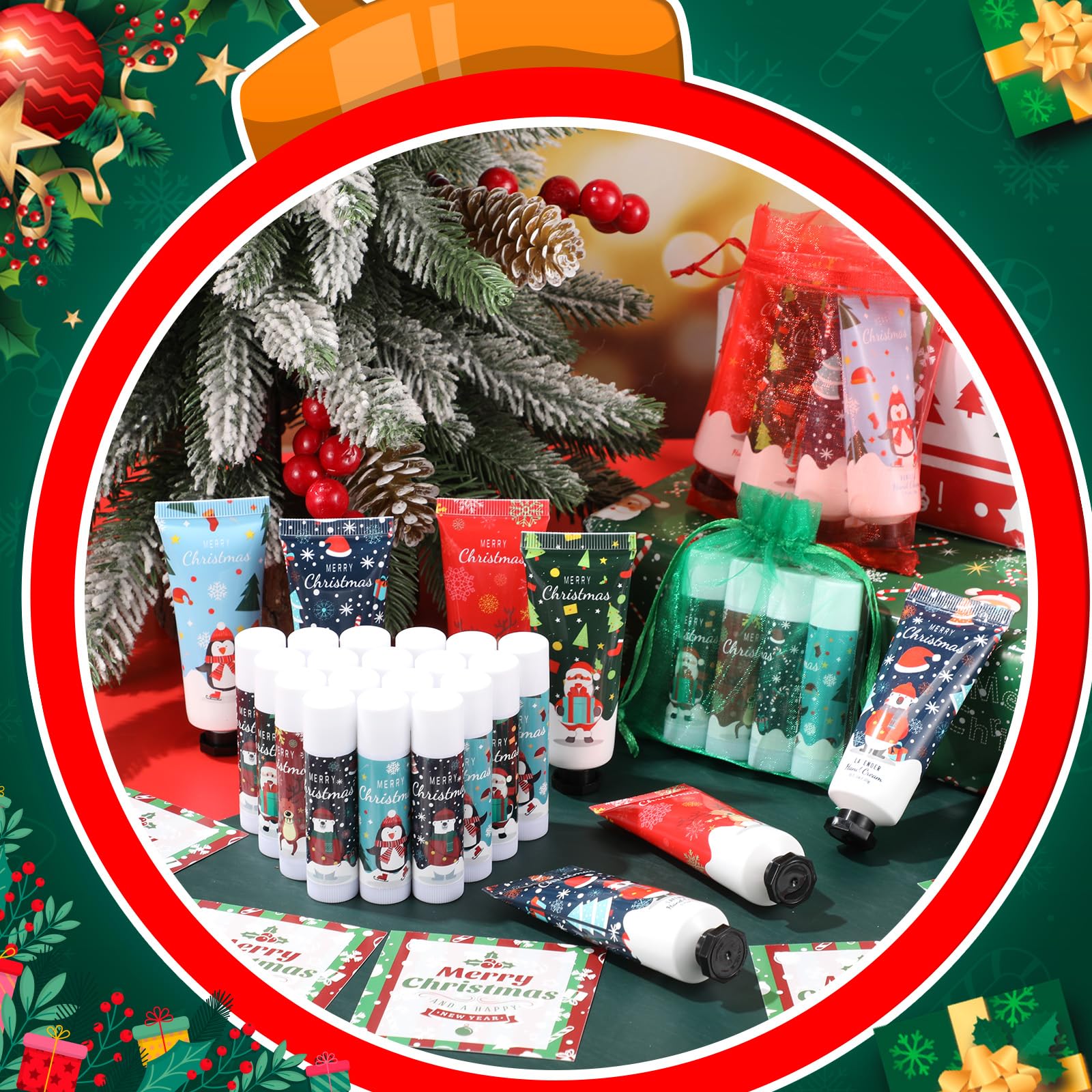 Heigble Christmas Hand Cream Gift Set – 12x Hand Cream, 12x Lip Balm, Gauze Bags & Thank You Cards