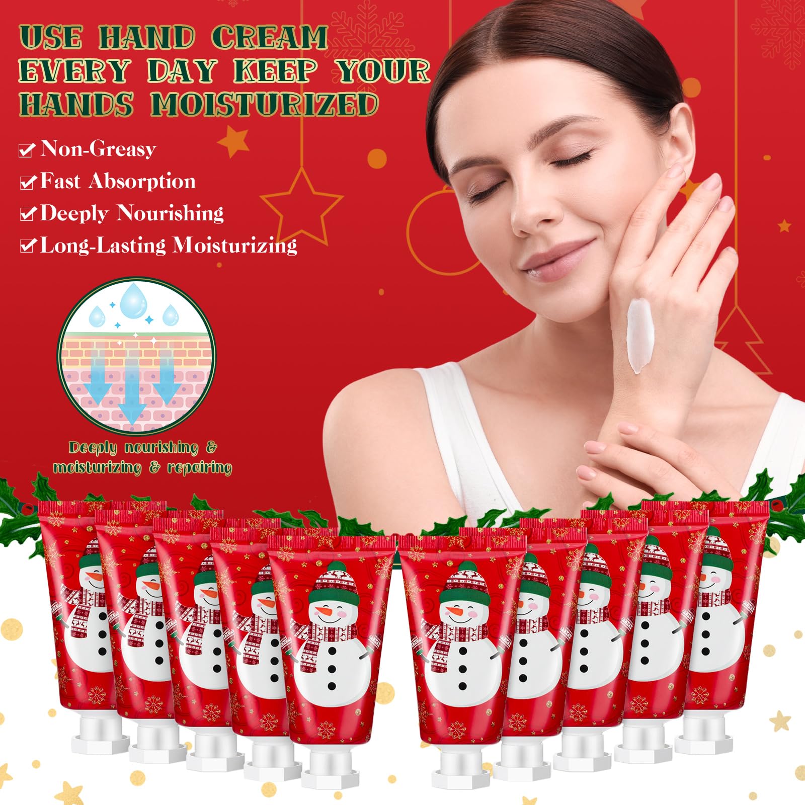 Heigble Holiday Hand Cream Set — 30 Travel-Size Moisturizers for Dry Skin (Snowman Gift)