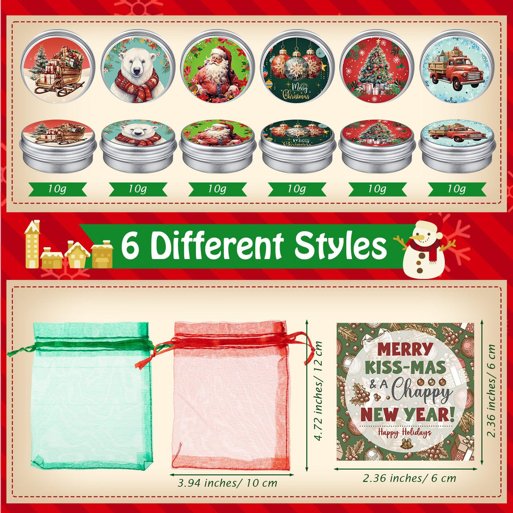 Heigble 24-Set Christmas Lip Balms Tin Can Gift Set – Moisturizing Lip Care with Organza Bags & Greeting Cards