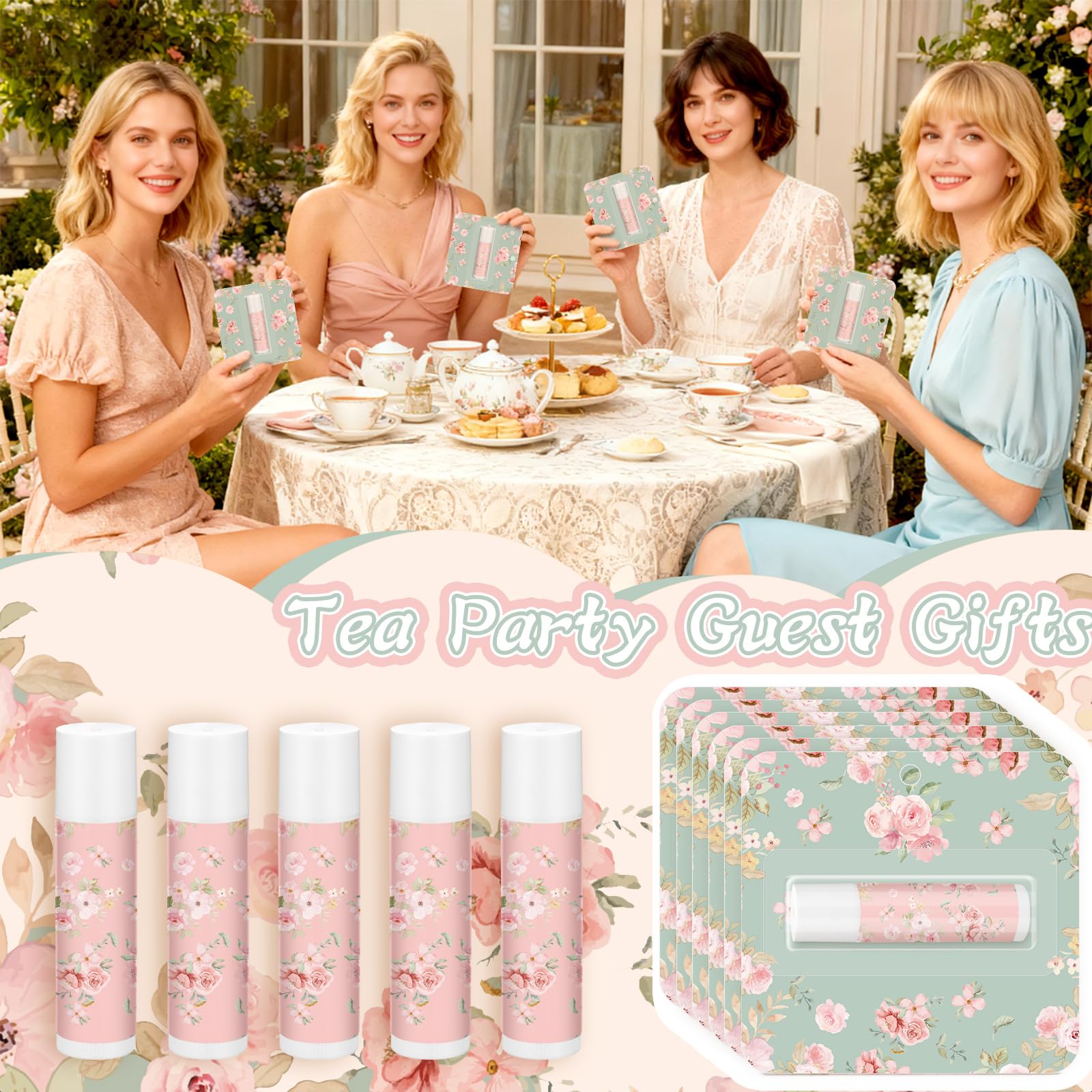 Heigble 24 Pcs Tea Party Lip Balm – Floral Pink Lip Balms for Spring Gifts, Travel Size Moisturizing Lip Care