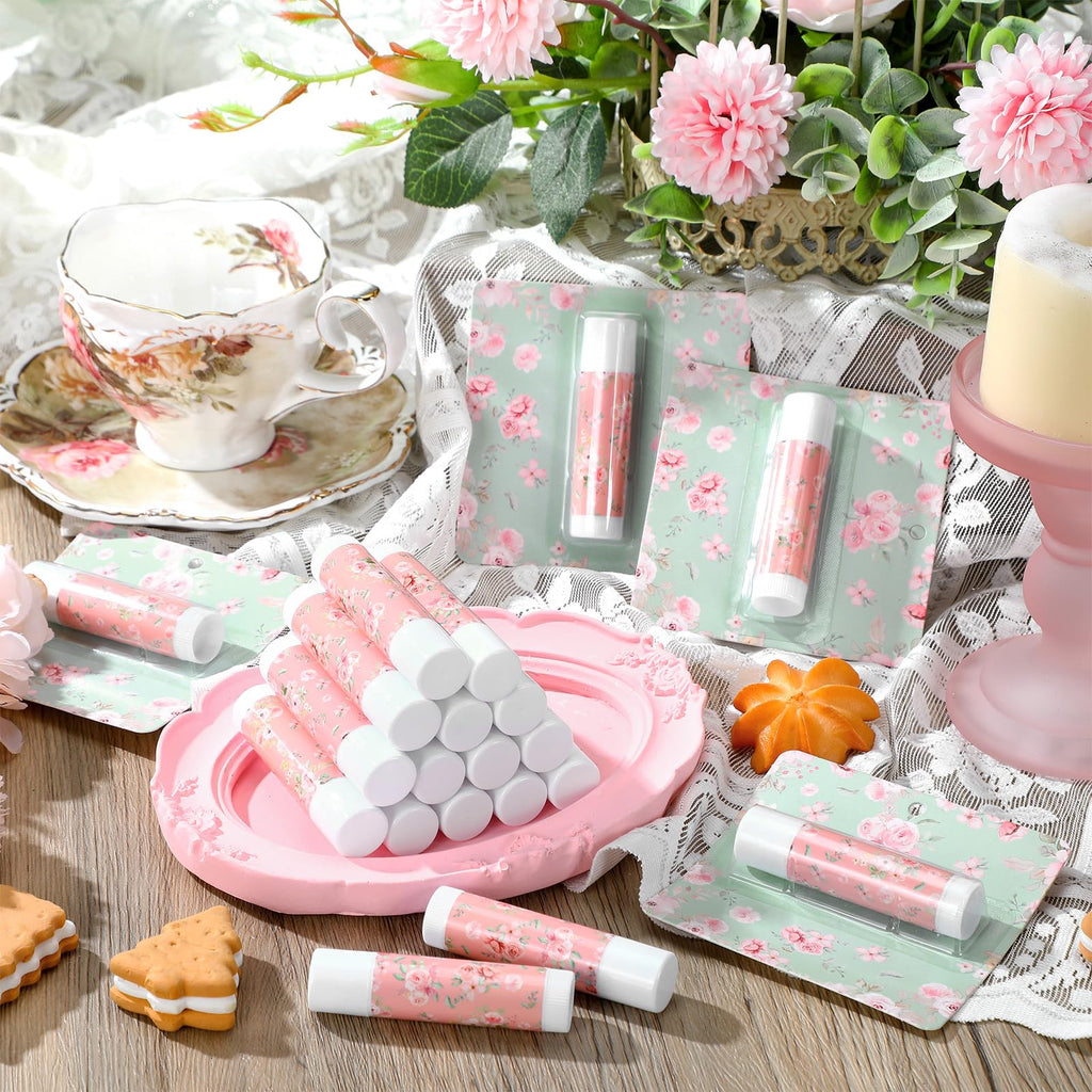 Heigble 24 Pcs Tea Party Lip Balm – Floral Pink Lip Balms for Spring Gifts, Travel Size Moisturizing Lip Care