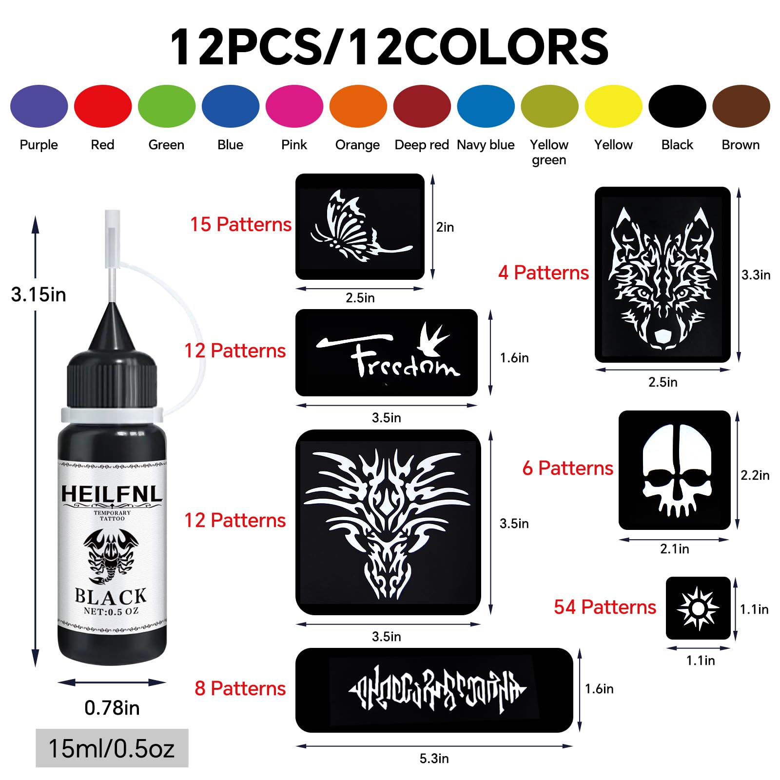 HEILFNL Temporary Tattoo Kit — 12 Ink Colors, 111 Stencils, DIY Body Art
