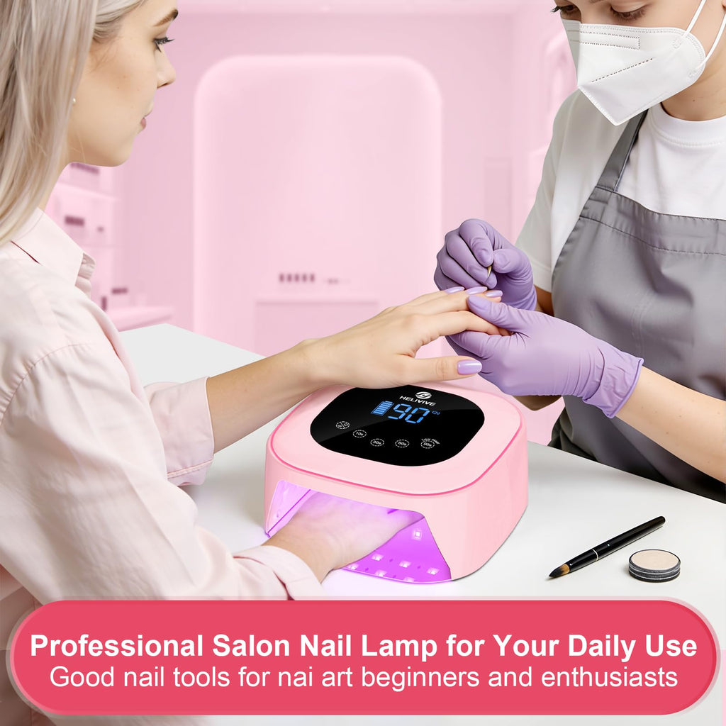 HELIVIVE Cordless UV LED Nail Lamp 80W – Pink, 4 Timers, Mirror Base | Home & Salon