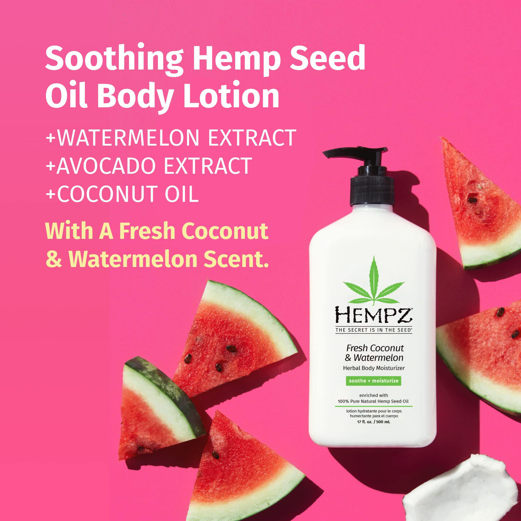 Hempz Body Lotion – Fresh Coconut & Watermelon Daily Moisturizing Cream with Shea Butter & Hemp Seed Oil | Large
