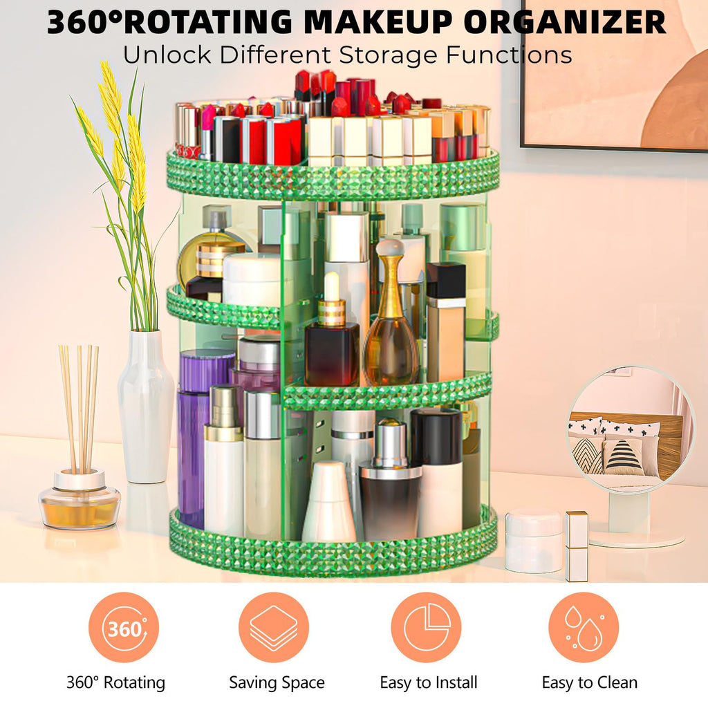 HEMTROY 360° Rotating Makeup Organizer | Extra Large 7-Layer Acrylic Cosmetics Organizer – Green
