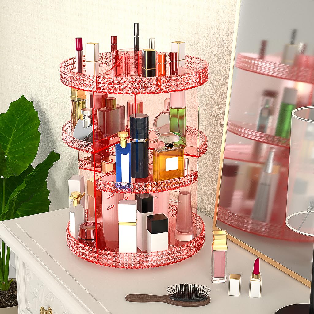 HEMTROY 360° Rotating Makeup Organizer – Extra Large Pink 7-Layer Cosmetic Stand