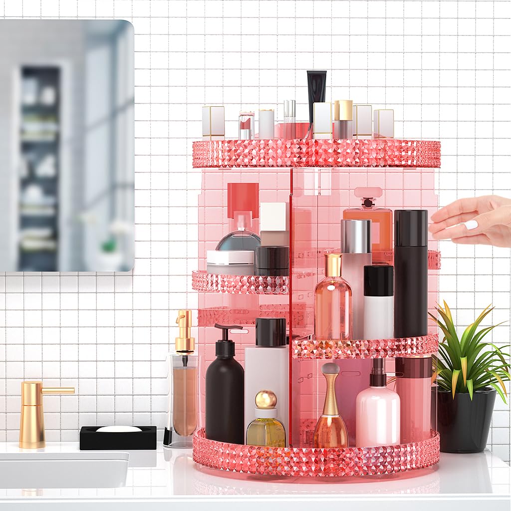 HEMTROY 360° Rotating Makeup Organizer – Extra Large Pink 7-Layer Cosmetic Stand