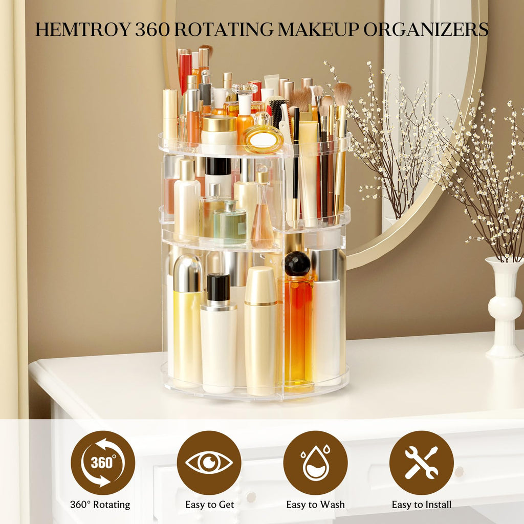 HEMTROY Makeup Organizer 360° Rotating – Large-Capacity Acrylic Vanity Carousel with Adjustable Shelves & Brush Holder