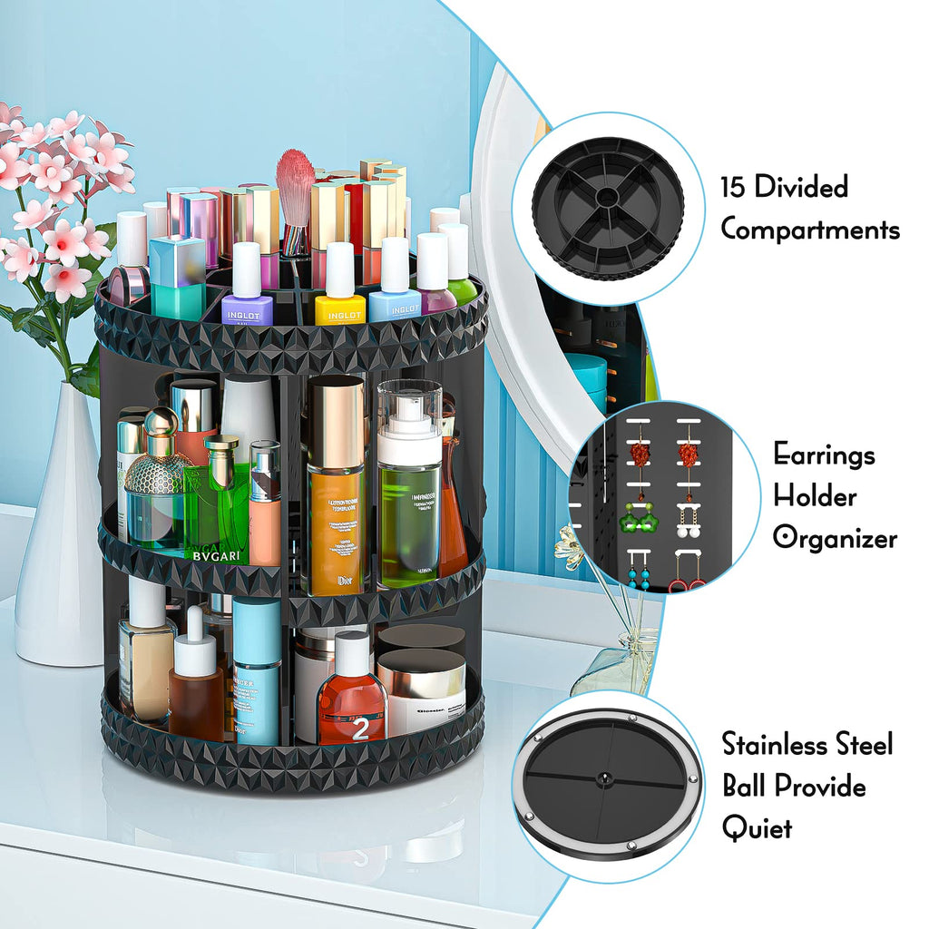 HEMTROY 360° Rotating Makeup Organizer – Adjustable Acrylic Cosmetic Caddy (Black)
