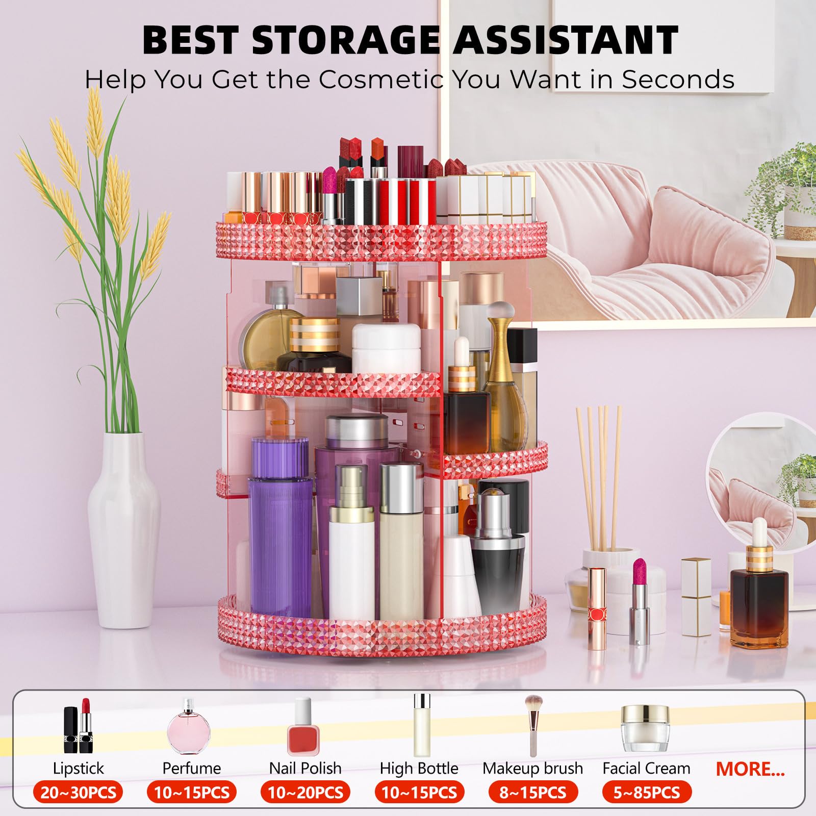 HEMTROY 360° Rotating Makeup Organizer – Extra Large Pink 7-Layer Cosmetic Stand