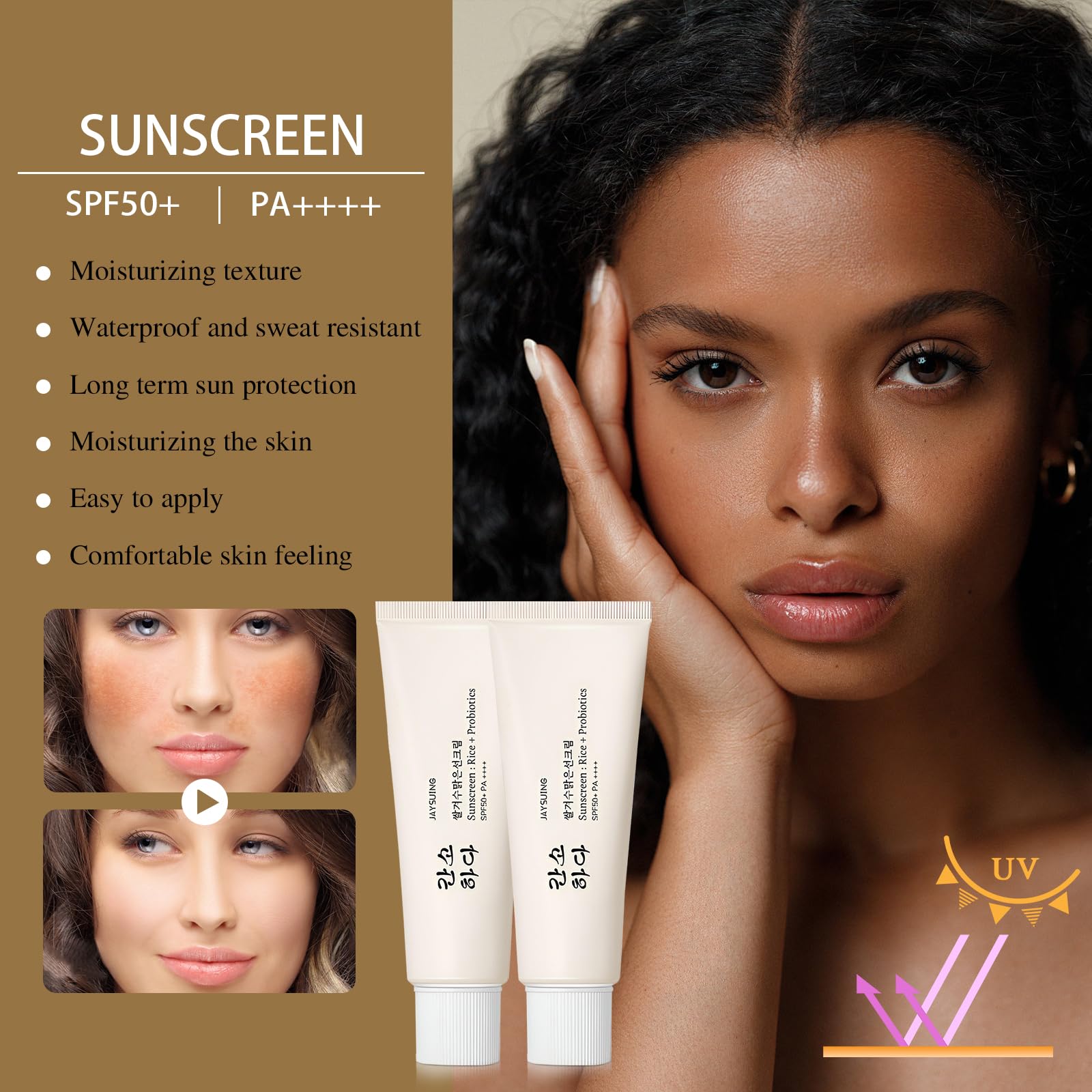 HENGRUNXIN Relief Sun Organic Sunscreen SPF50+ PA++++ – Rice & Probiotics Korean Skin Care (2PCS)