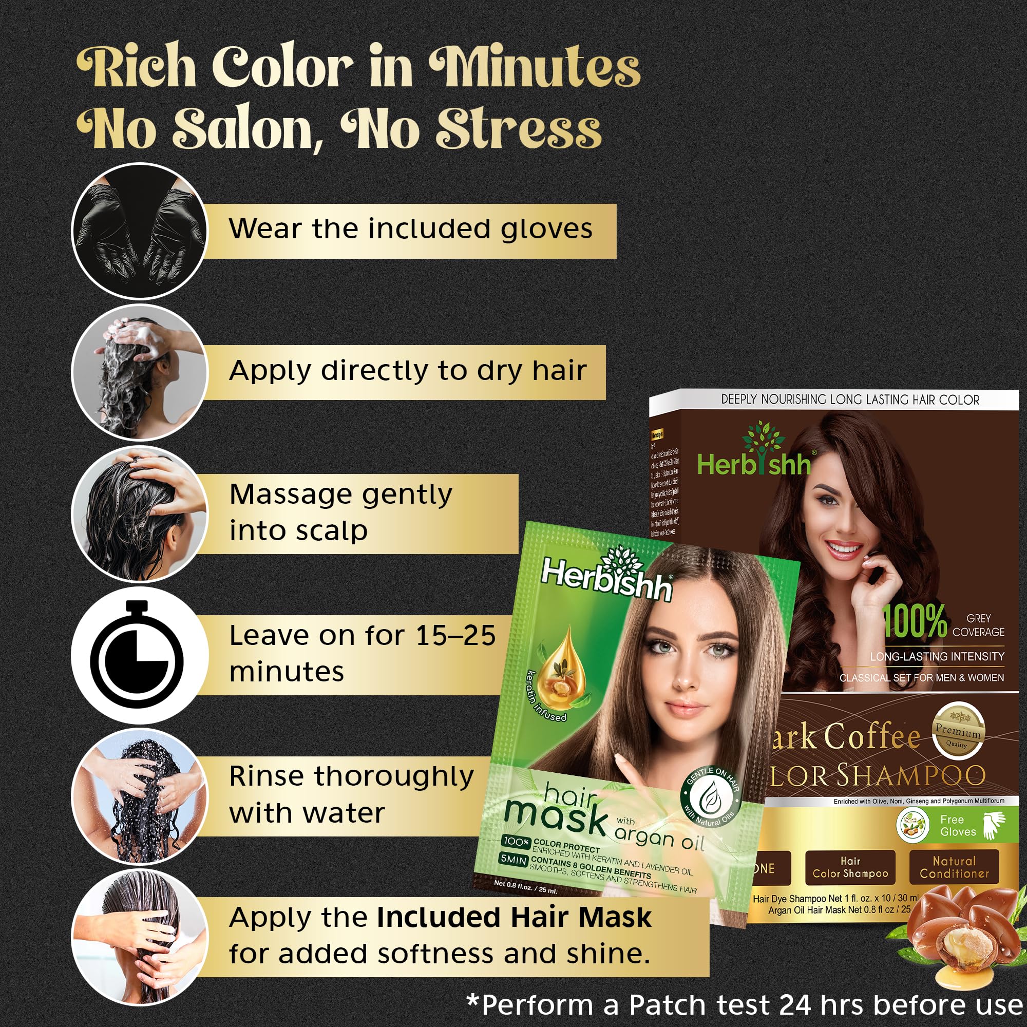 Herbishh Hair Color Shampoo for Gray Coverage - Dark Coffee (30mL x 10) + Argan Oil Mask | Travel Size