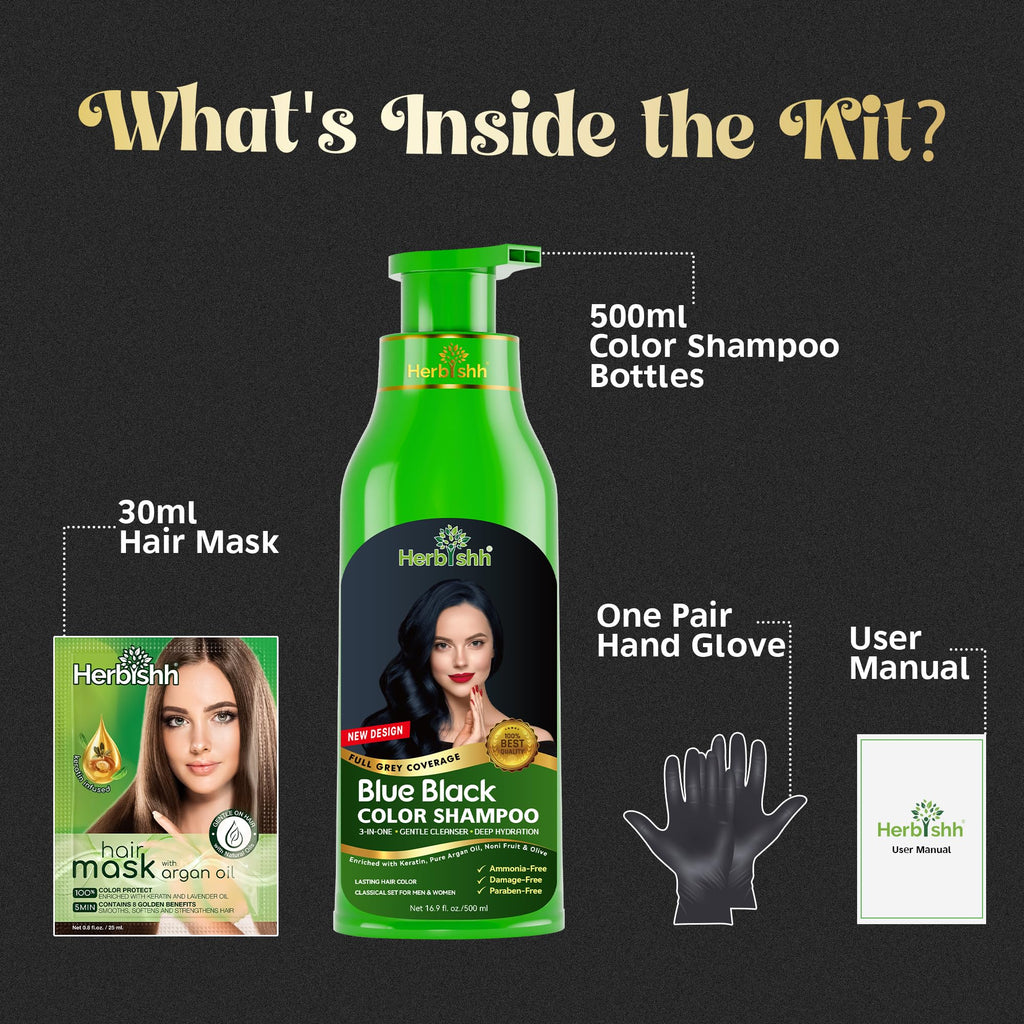 Herbishh Hair Color Shampoo - 3-in-1 Ammonia-Free Gray Hair Dye (Blue Black) 500ml