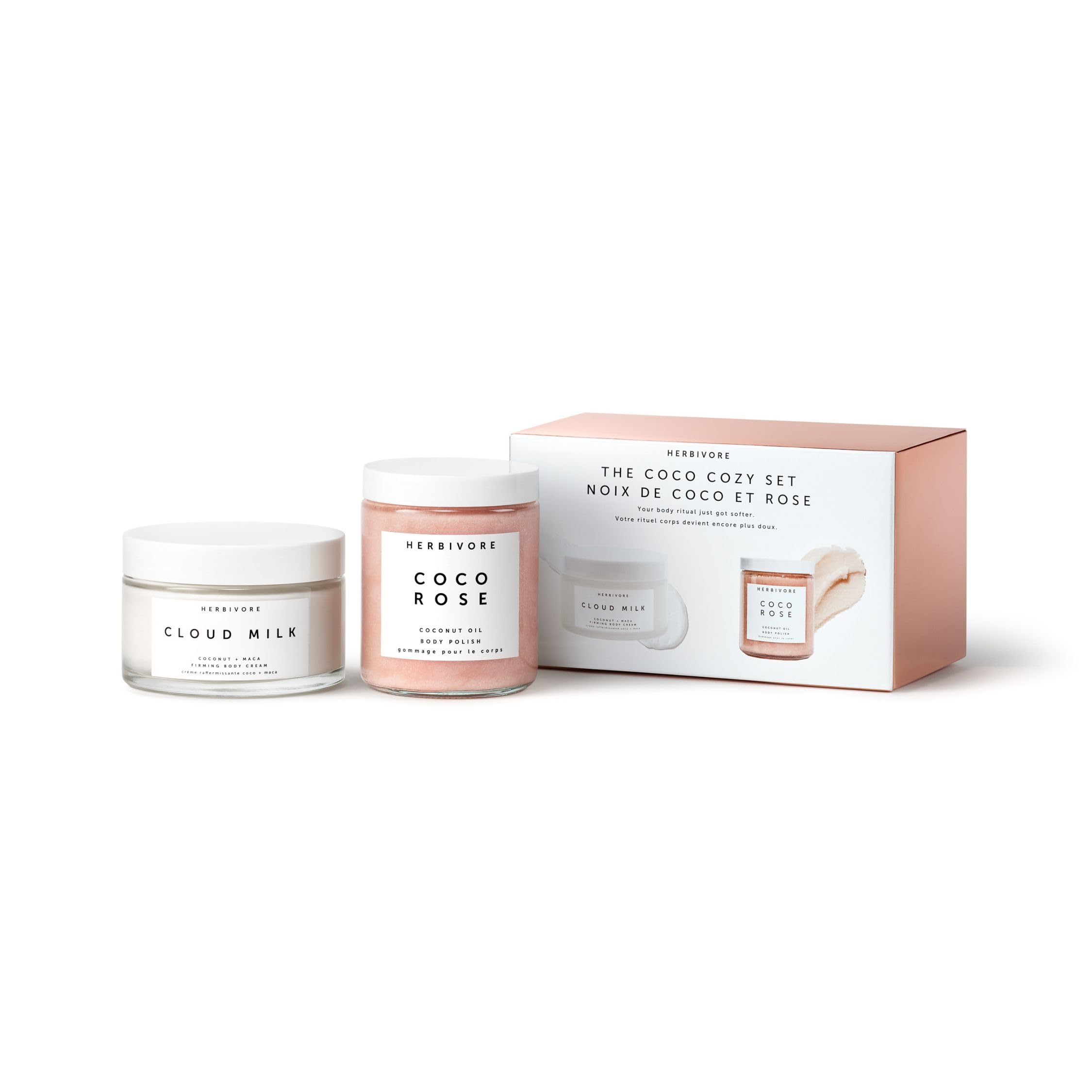 HERBIVORE Coco Cozy Set – Coco Rose Body Polish + Cloud Milk Firming Cream | Vegan, Paraben-Free