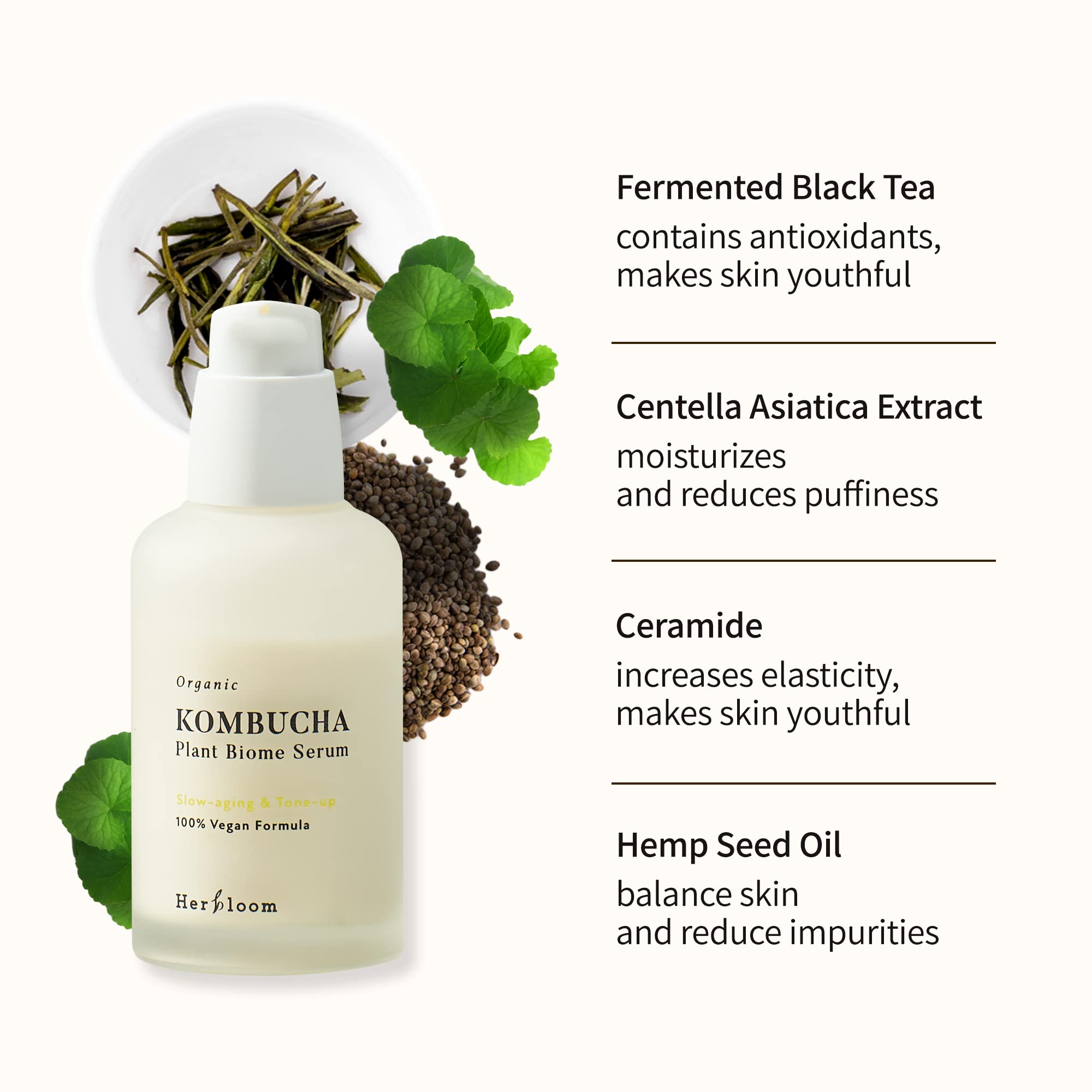 Herbloom Organic Kombucha Biome Serum – Deep Hydration, Ceramide & Hyaluronic Acid, 1.69 fl oz (Vegan)