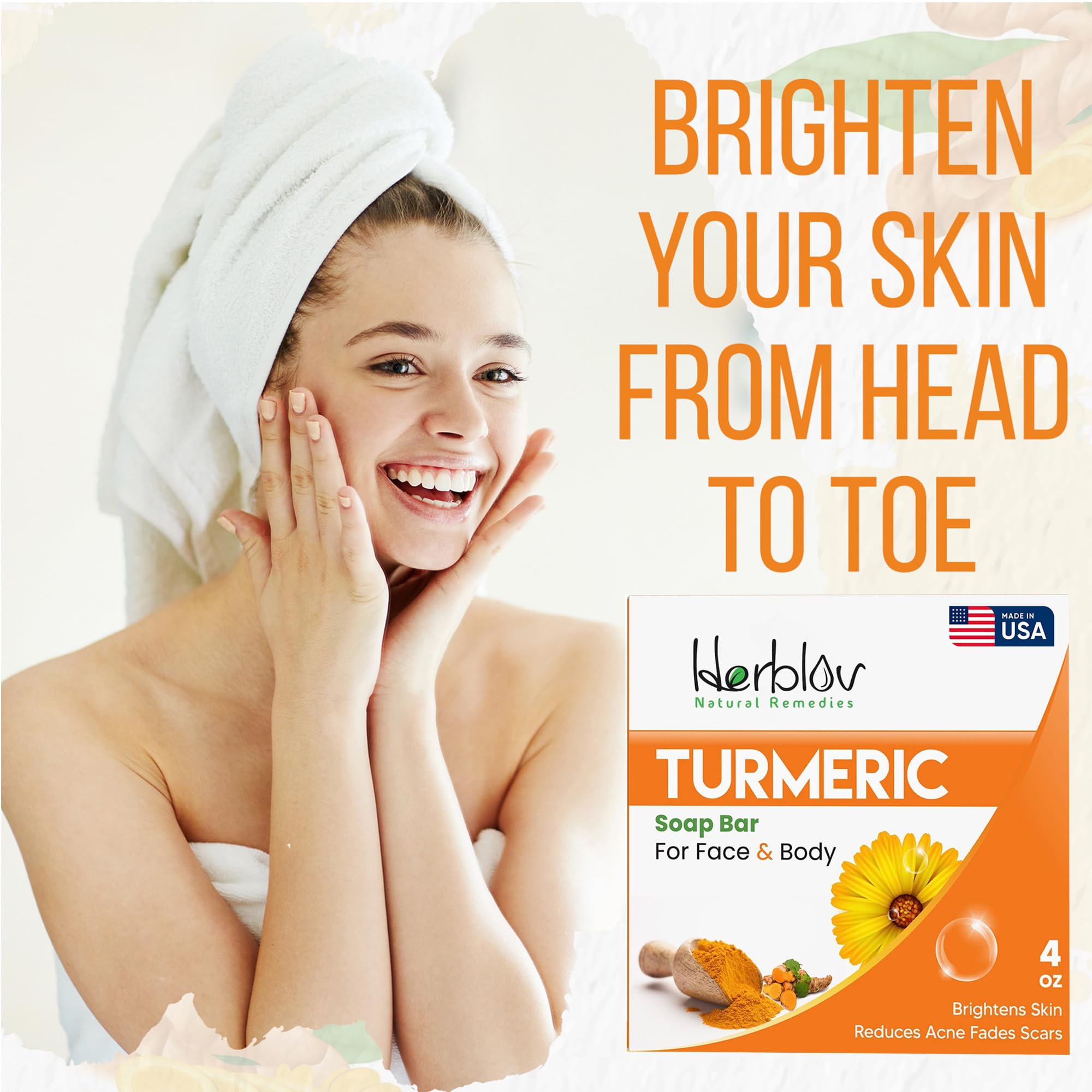 Herblov Turmeric Soap Bar for Face & Body – Natural Brightening Soap, USA Made 4oz
