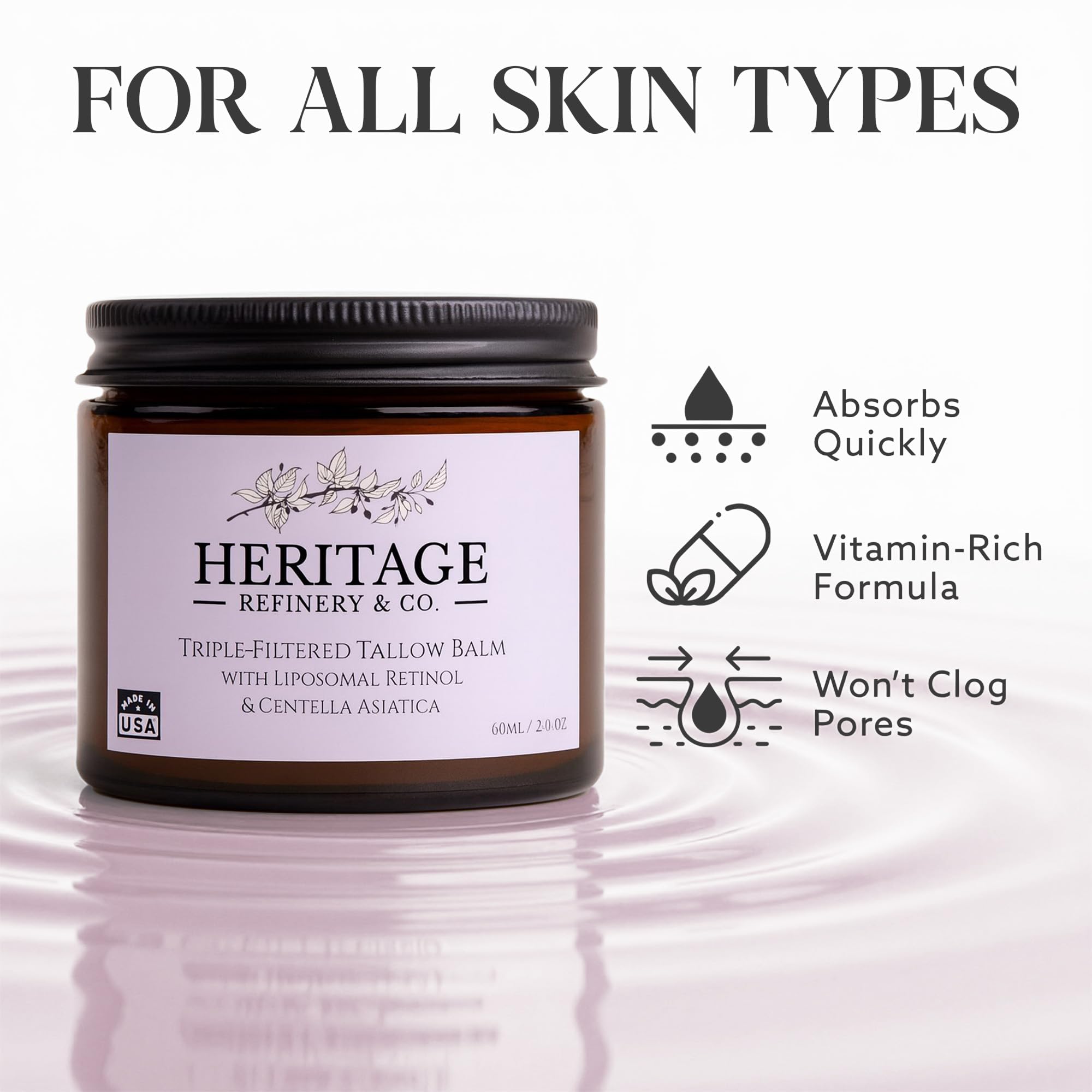 Heritage Refinery & Co. Whipped Beef Tallow with Retinol & Centella – USA Made, 2 Oz