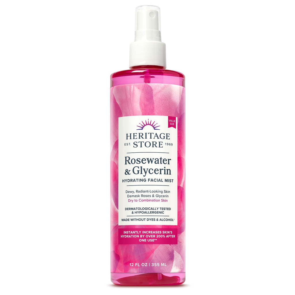 HERITAGE STORE Rosewater & Glycerin Hydrating Facial Mist – 12oz, Dry/Combination Skin