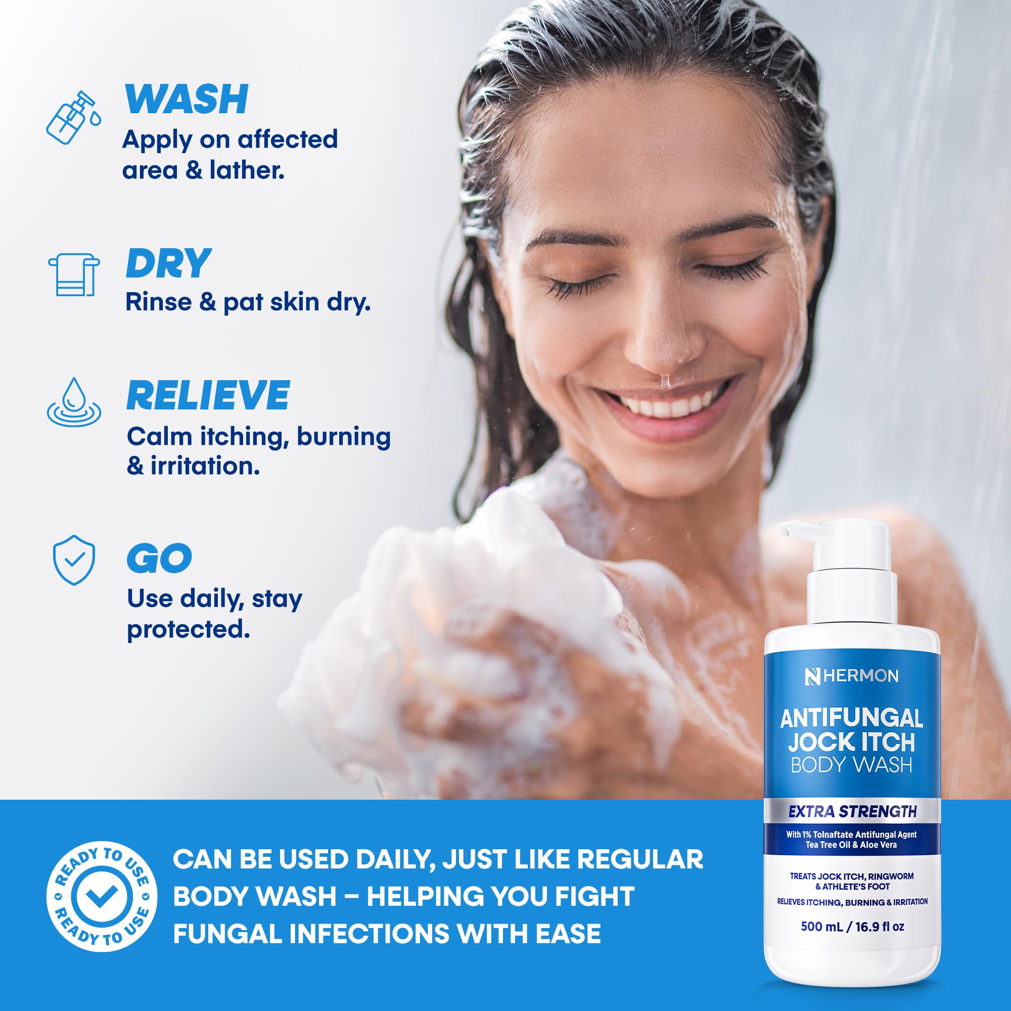 Hermon Antifungal Body Wash – Tea Tree Oil + Tolnaftate 1% for Jock Itch, Ringworm, Athlete's Foot