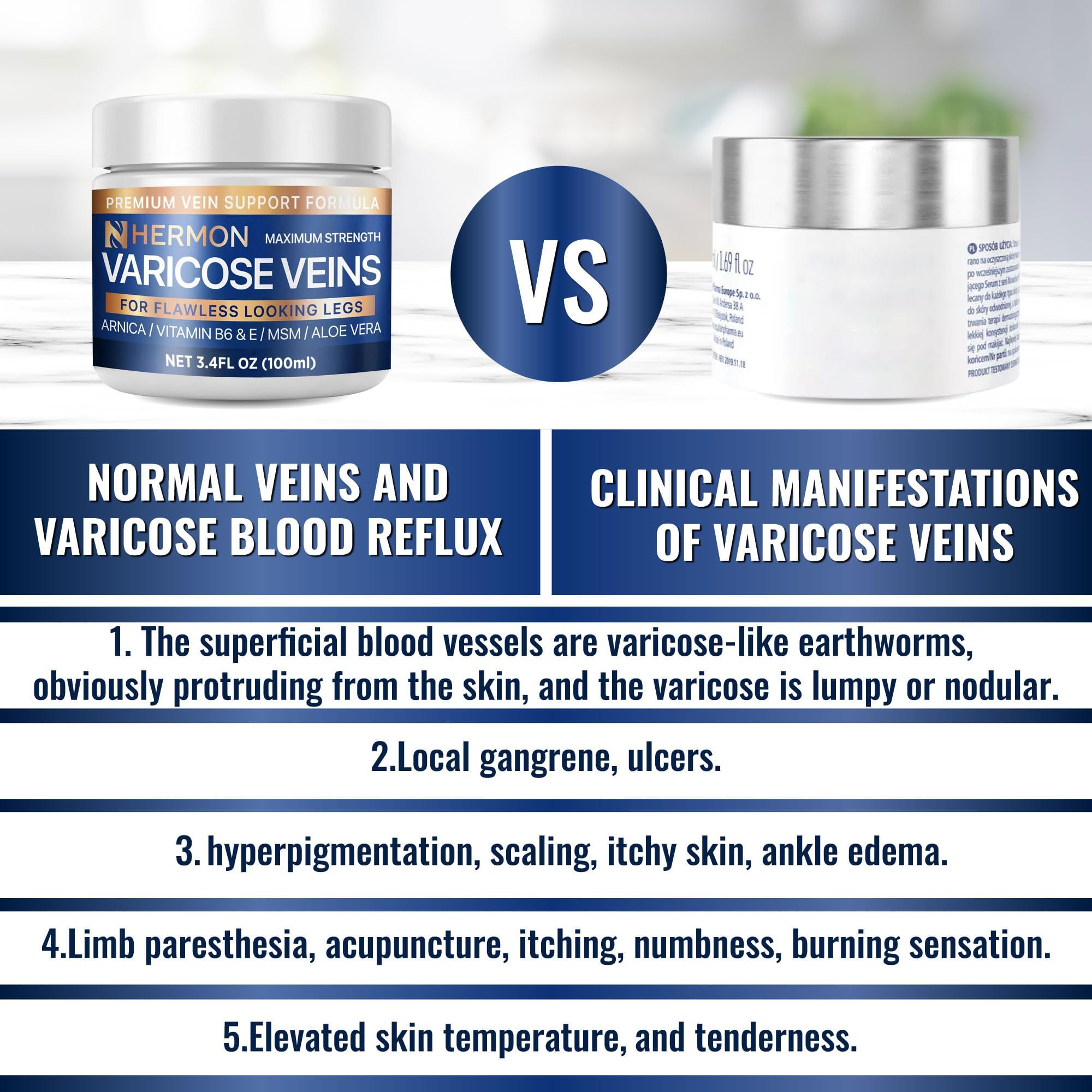 Hermon Varicose & Spider Veins Cream – Natural Circulation Support, Soothing Leg Care (3.4 oz)