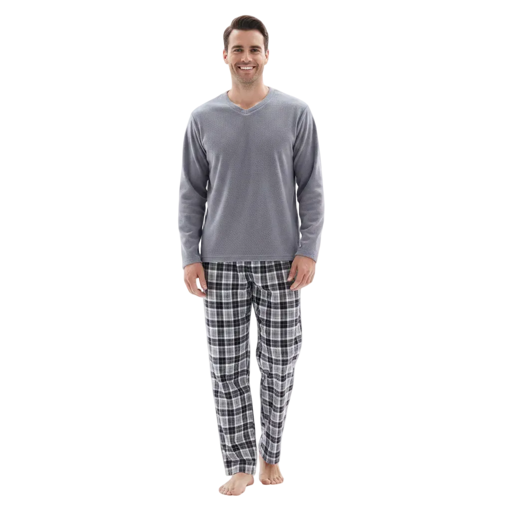 Men's Fleece Pajama Sets: Experience Unmatched Comfort with Our Cozy Grey Top and Black Cotton Bottoms