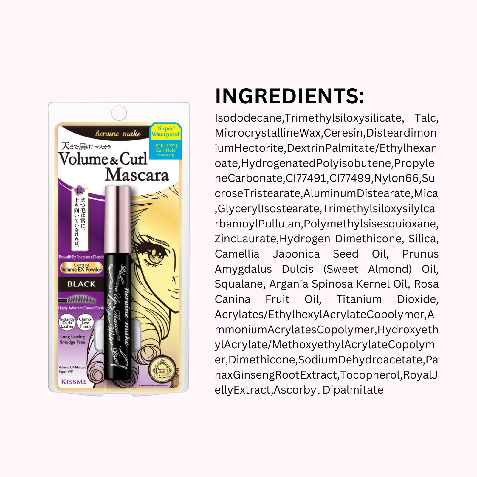 Heroine Make by KISSME Volumizing Waterproof Mascara & Length-Defining Fiber – Smudge-Proof Curl Hold, Made in Japan