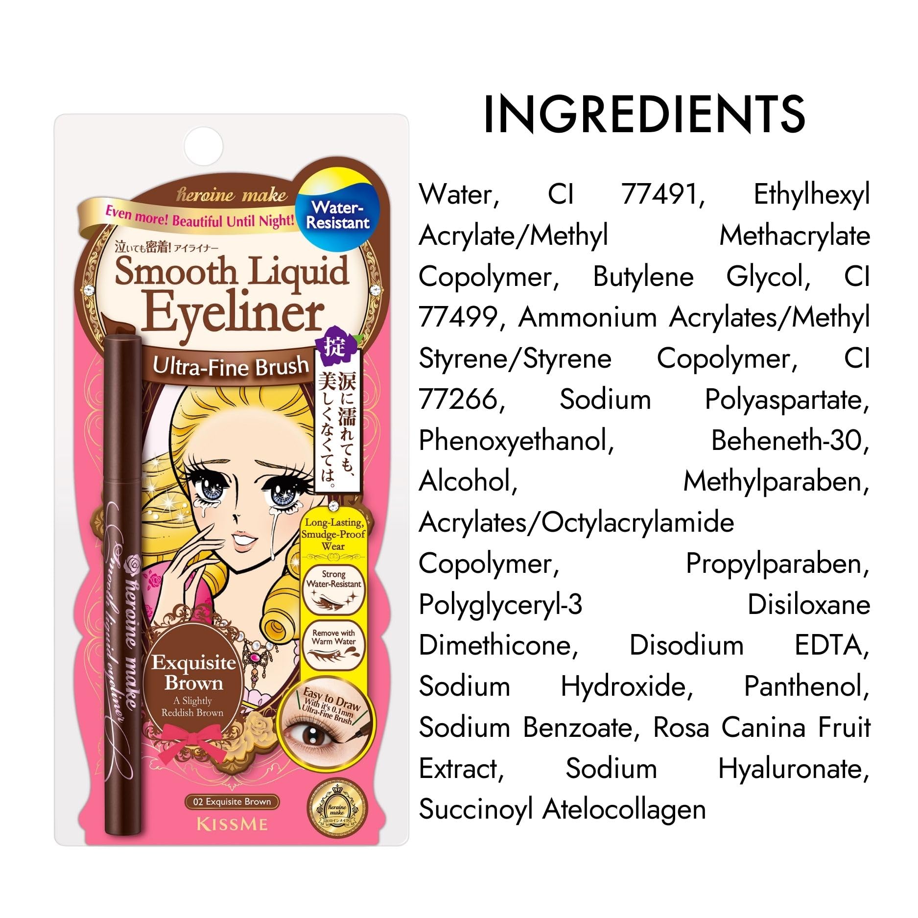 Heroine Make by KISSME Liquid Eyeliner Pen — Ultra-Fine 0.1mm Tip, Waterproof, Hypoallergenic, Made in Japan, Exquisite Brown