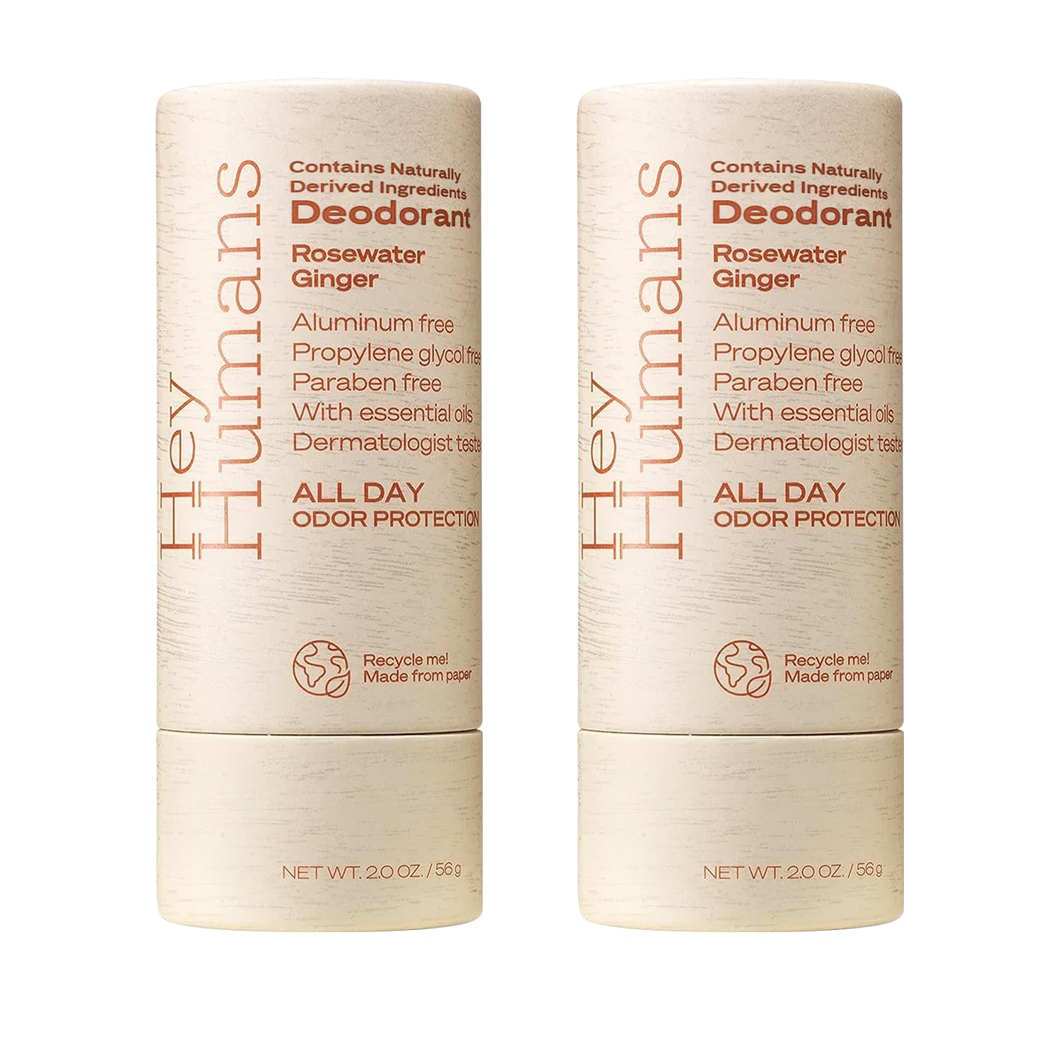 Hey Humans Deodorant – Aluminum-Free Rosewater Ginger, All-Day Odor Control (Pack of 2)
