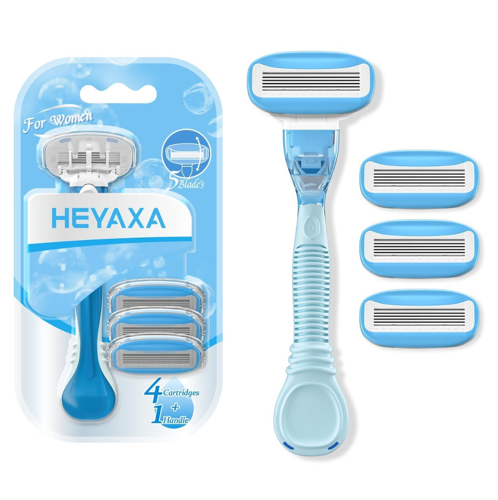 HEYAXA Women Razor – 5 Nano Blades, 4 Refills, Non-Slip Handle, Sky Blue