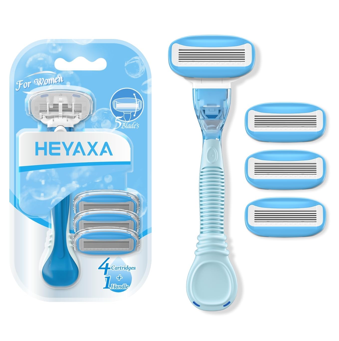 HEYAXA Women Razor – 5 Nano Blades, 4 Refills, Non-Slip Handle, Sky Blue
