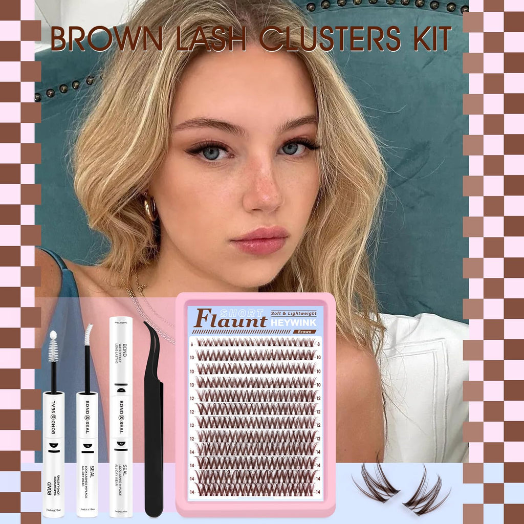HEYWINK Flaunt Lash Clusters Dark Brown 8-14mm – Lightweight D-Curl DIY Lash Kit