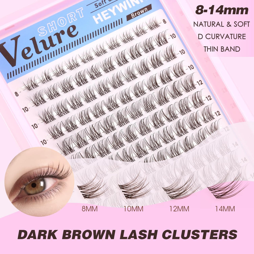 HEYWINK Velure Brown Lash Clusters Kit – D Curl 8-14mm for Natural At-Home Lash Extensions