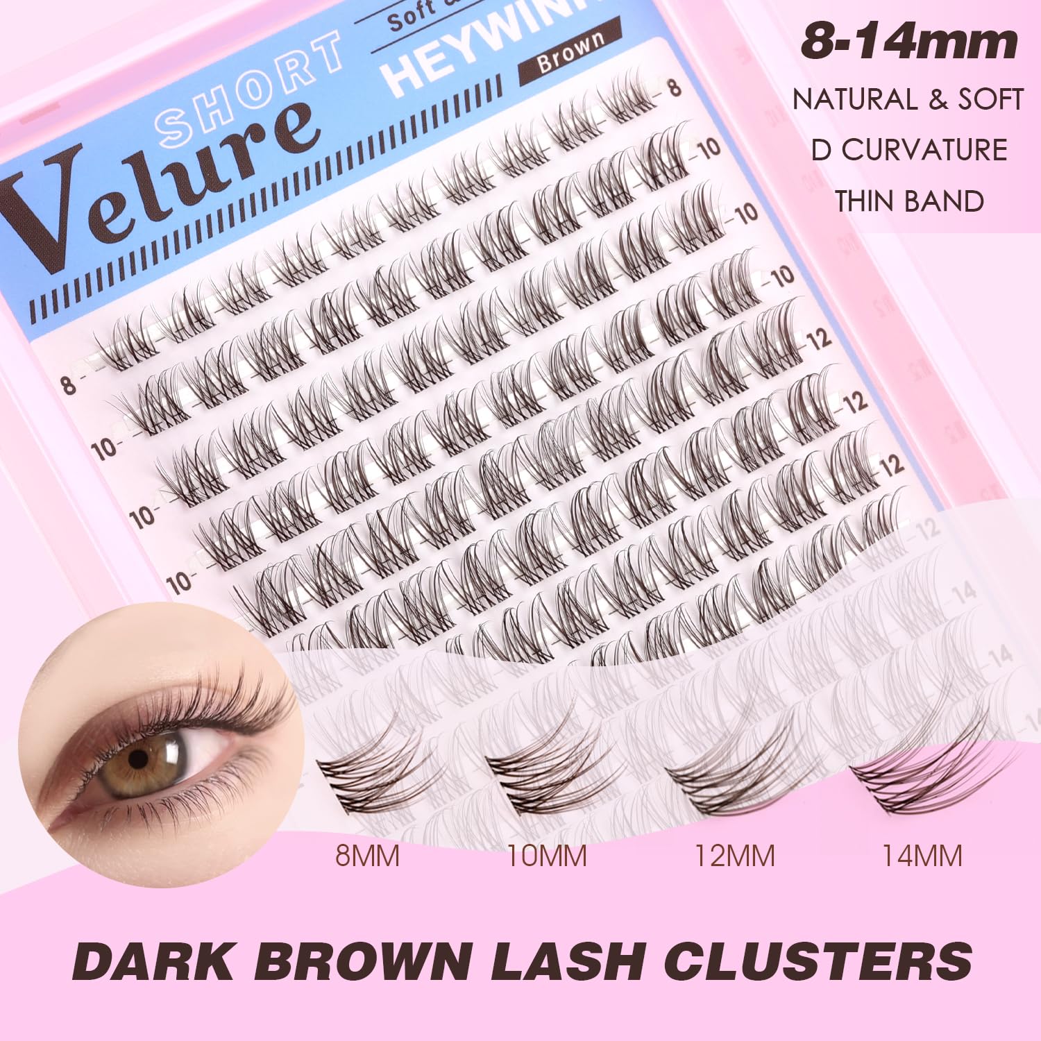 HEYWINK Velure Brown Lash Clusters Kit – D Curl 8-14mm for Natural At-Home Lash Extensions
