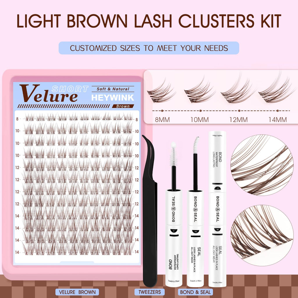 HEYWINK Velure Brown Lash Clusters Kit – Natural 8-14mm D-Curl, Invisible Band