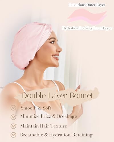 HFRHTGY Adjustable Silk Satin Hair Bonnet for Sleeping — Double-Layer Night Turban, Pink