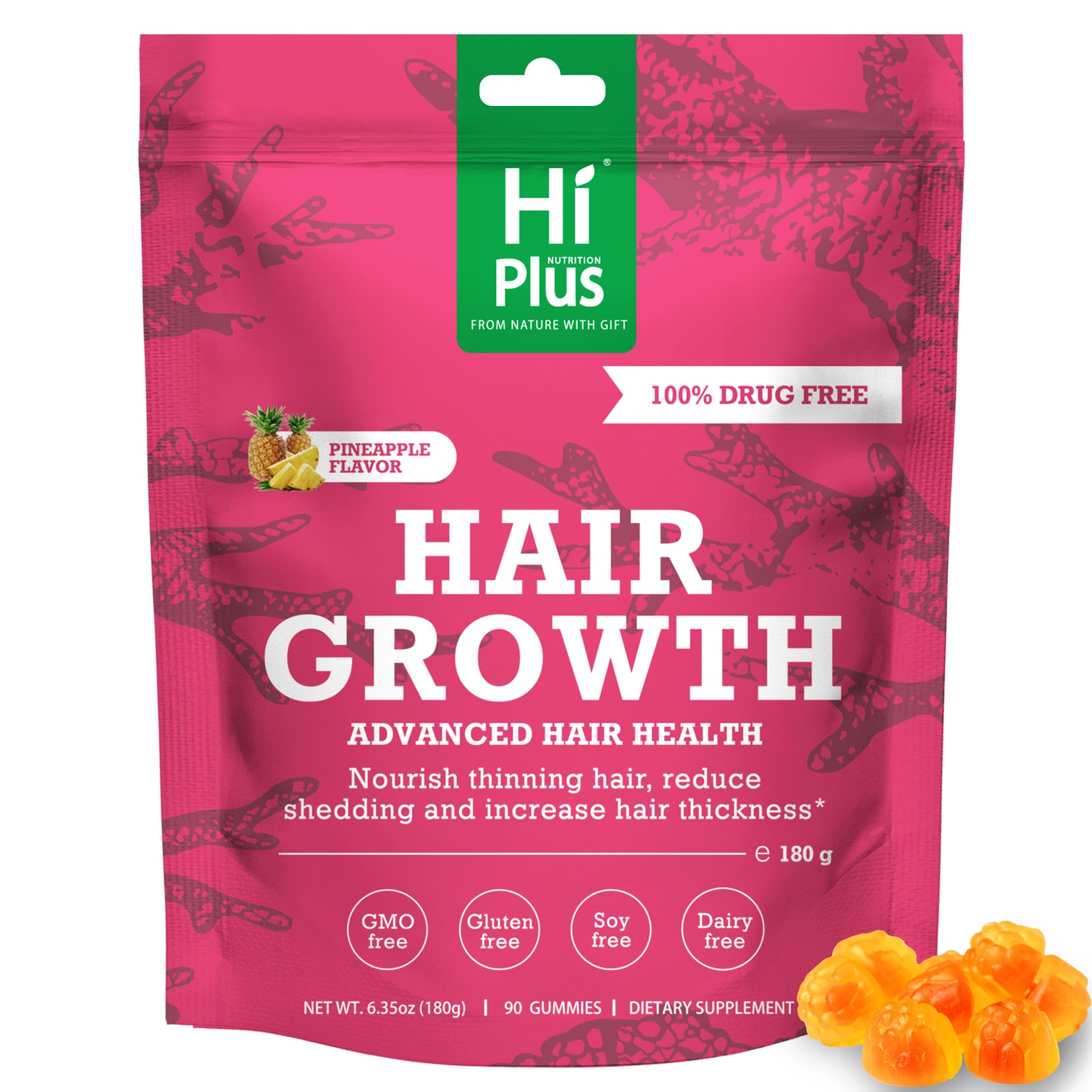 HiPlus Hair Growth Gummies for Men & Women – Biotin, Marine Collagen & Pineapple Flavor, 90 Gummies (45 Day Supply)