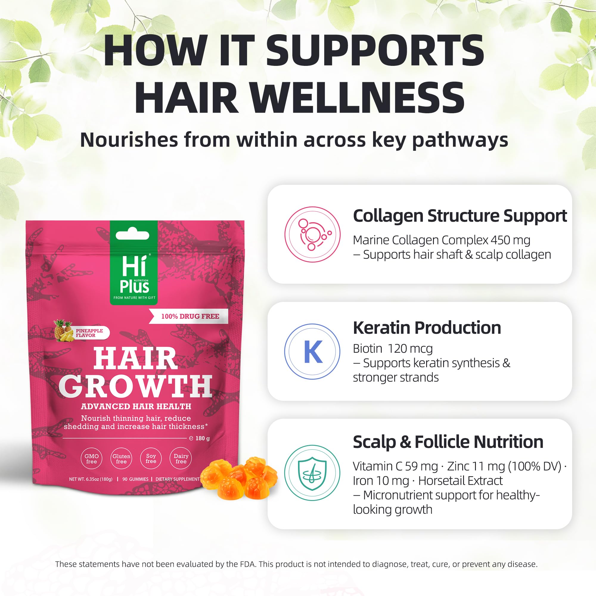HiPlus Hair Growth Gummies for Men & Women – Biotin, Marine Collagen & Pineapple Flavor, 90 Gummies (45 Day Supply)