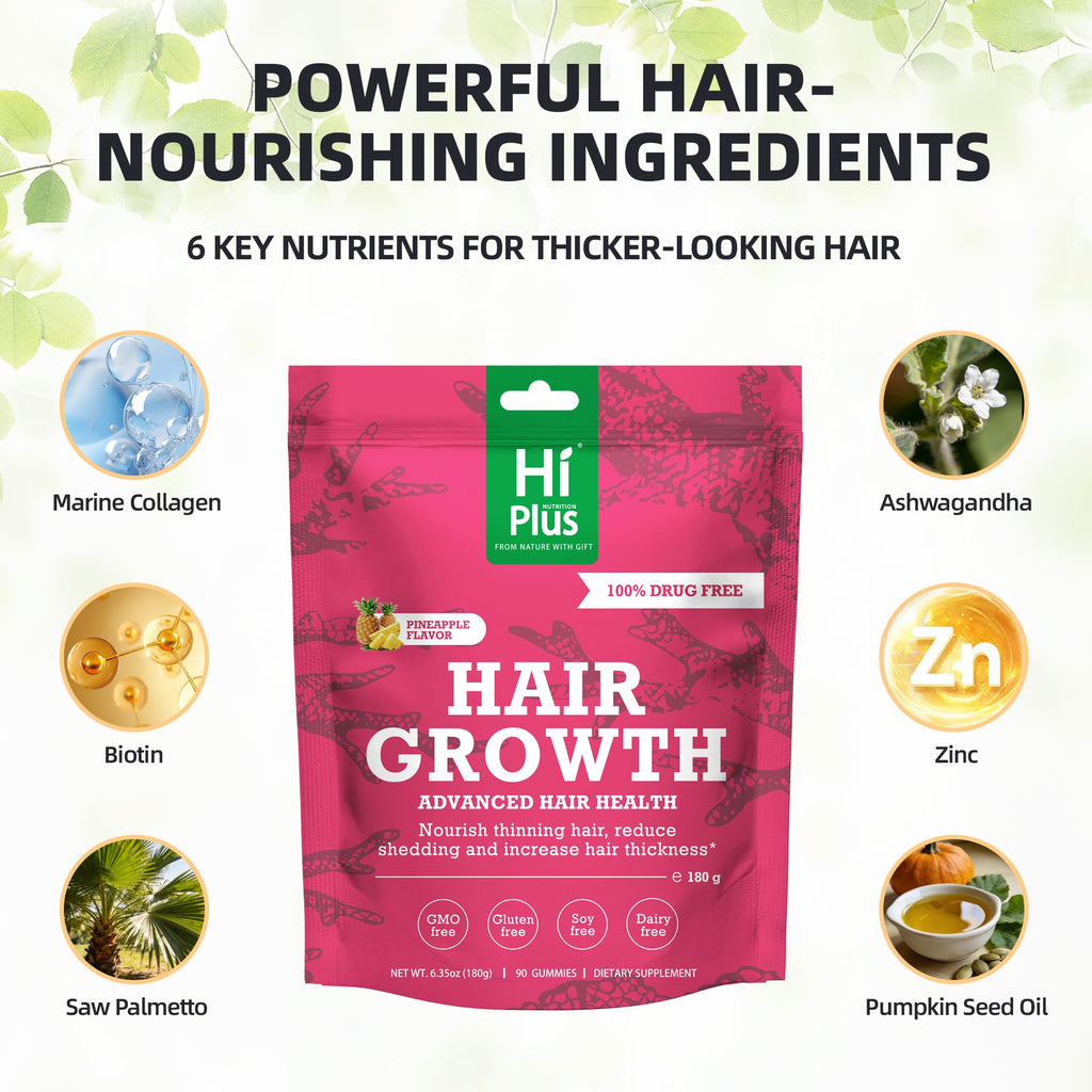 HiPlus Hair Growth Gummies for Men & Women – Biotin, Marine Collagen & Pineapple Flavor, 90 Gummies (45 Day Supply)