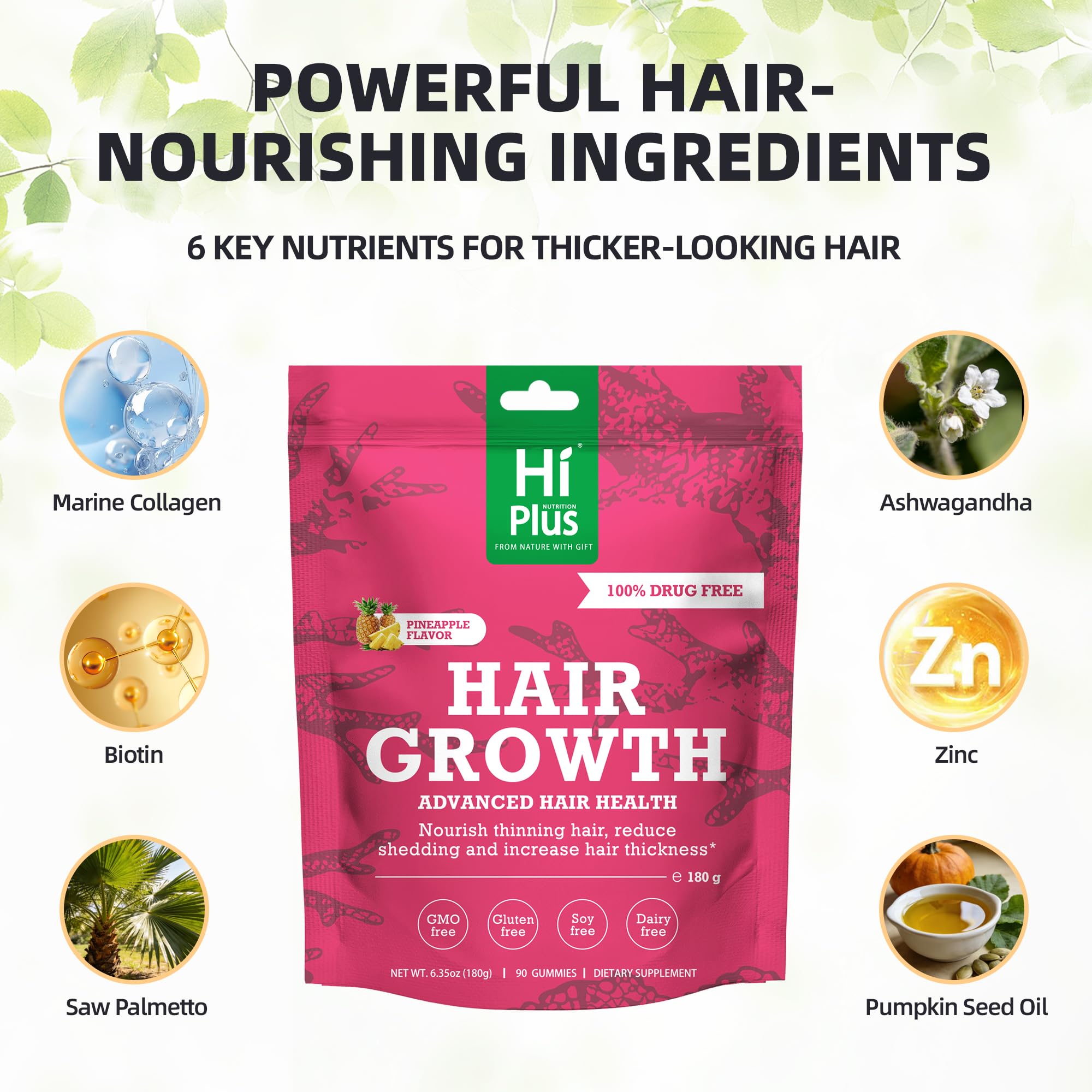 HiPlus Hair Growth Gummies for Men & Women – Biotin, Marine Collagen & Pineapple Flavor, 90 Gummies (45 Day Supply)