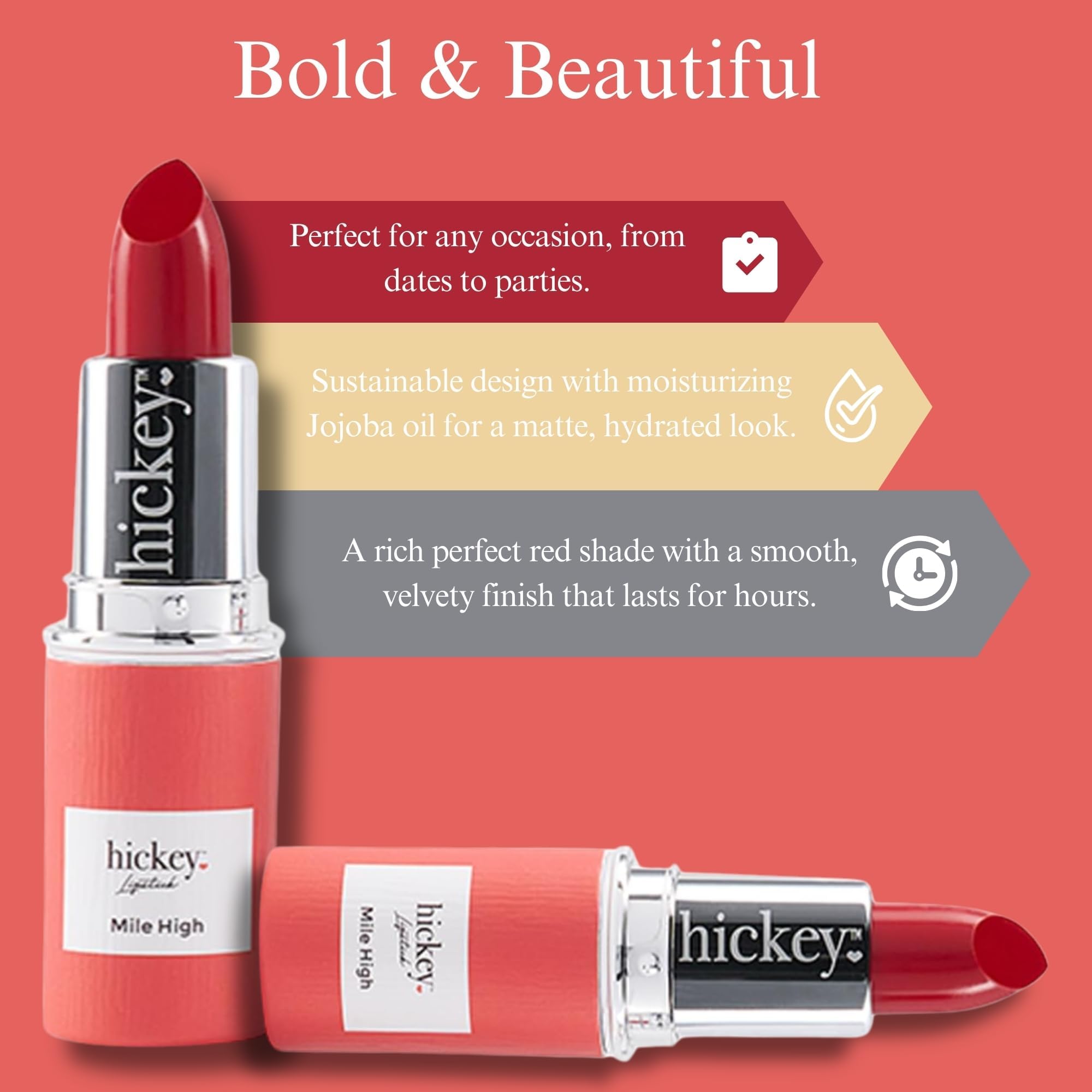Hickey Lipstick Mile High Organic Red Lipstick Refill – Long-Lasting, Hydrating, Gluten-Free & Vegan