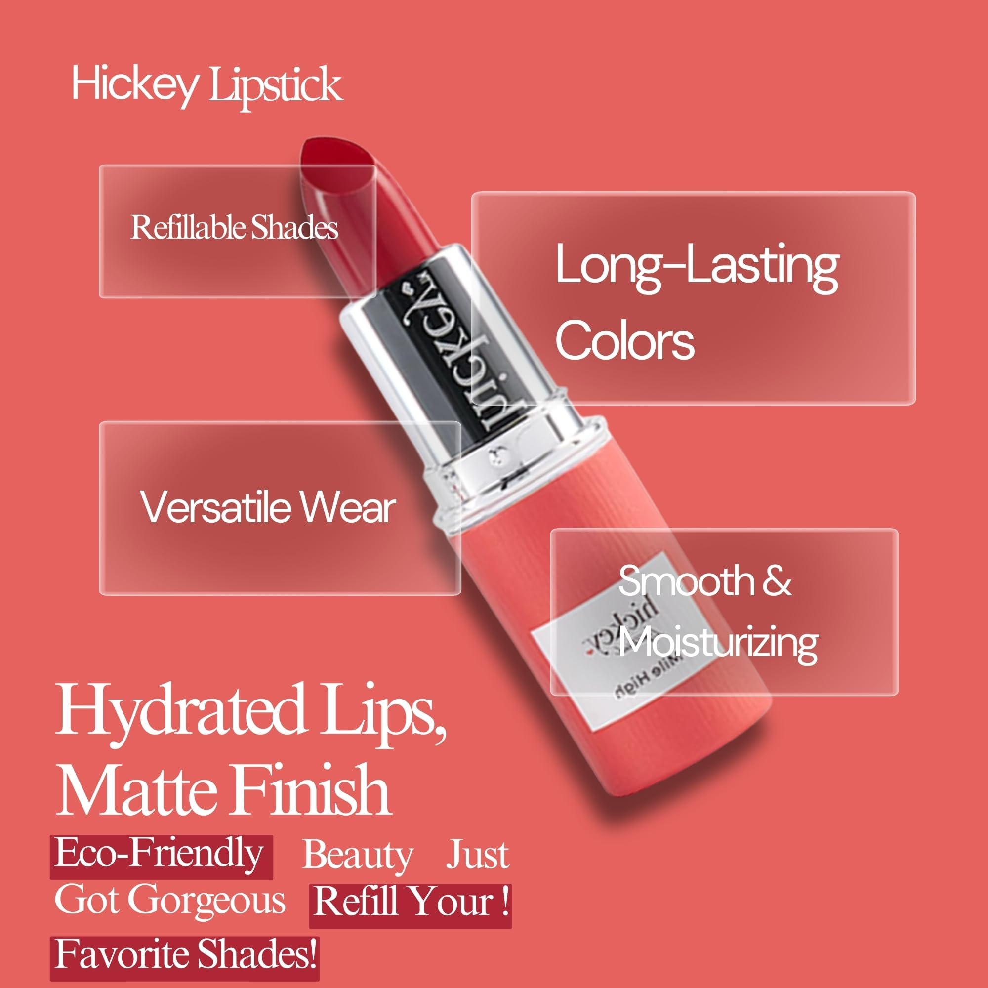 Hickey Lipstick Mile High Organic Red Lipstick Refill – Long-Lasting, Hydrating, Gluten-Free & Vegan