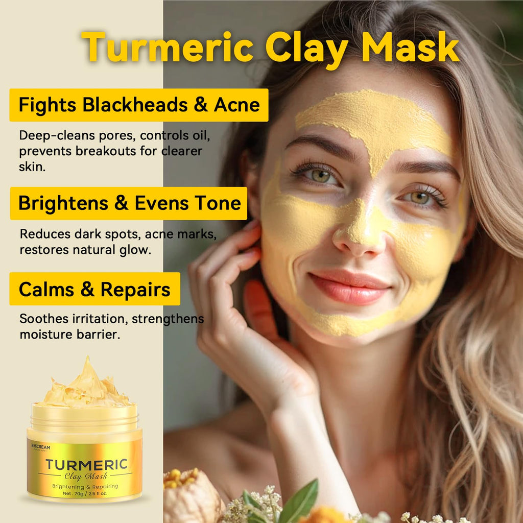 Hicream Turmeric Clay Mask Set – Green Tea & Dead Sea Minerals, 3-Piece Spa Facial Mask Kit