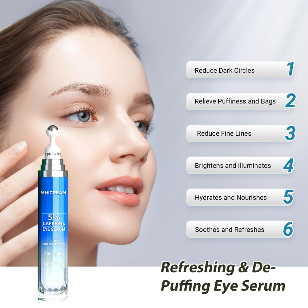 Hicream Eye Cream with 5% Caffeine & Hyaluronic Acid | 360° Roller Eye Serum for Puffy Eyes, Dark Circles & Fine Lines