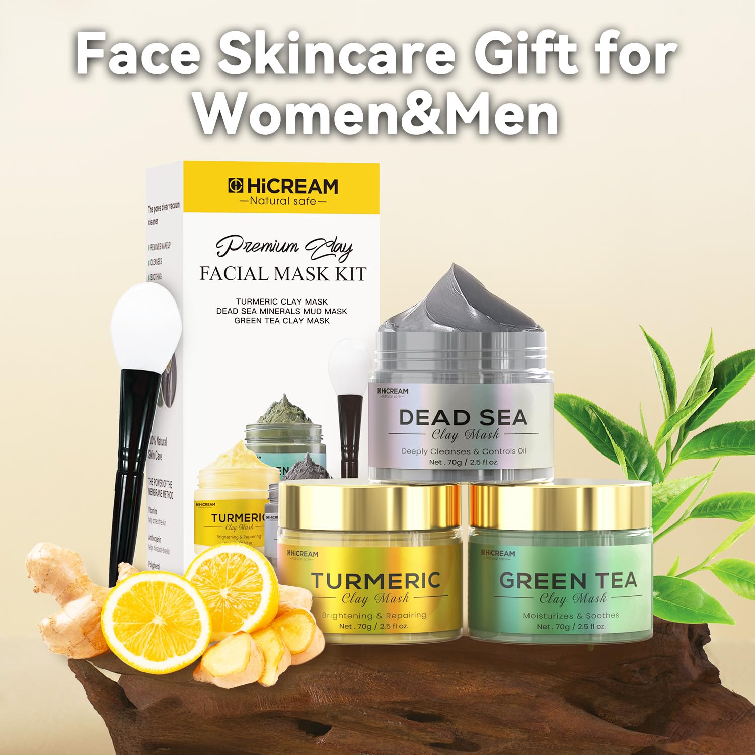 Hicream Turmeric Clay Mask Set – Green Tea & Dead Sea Minerals, 3-Piece Spa Facial Mask Kit