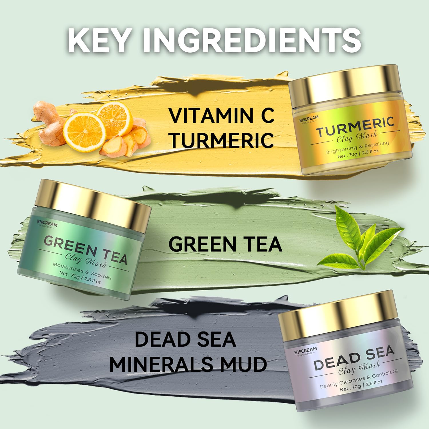 Hicream Turmeric Clay Mask Set – Green Tea & Dead Sea Minerals, 3-Piece Spa Facial Mask Kit